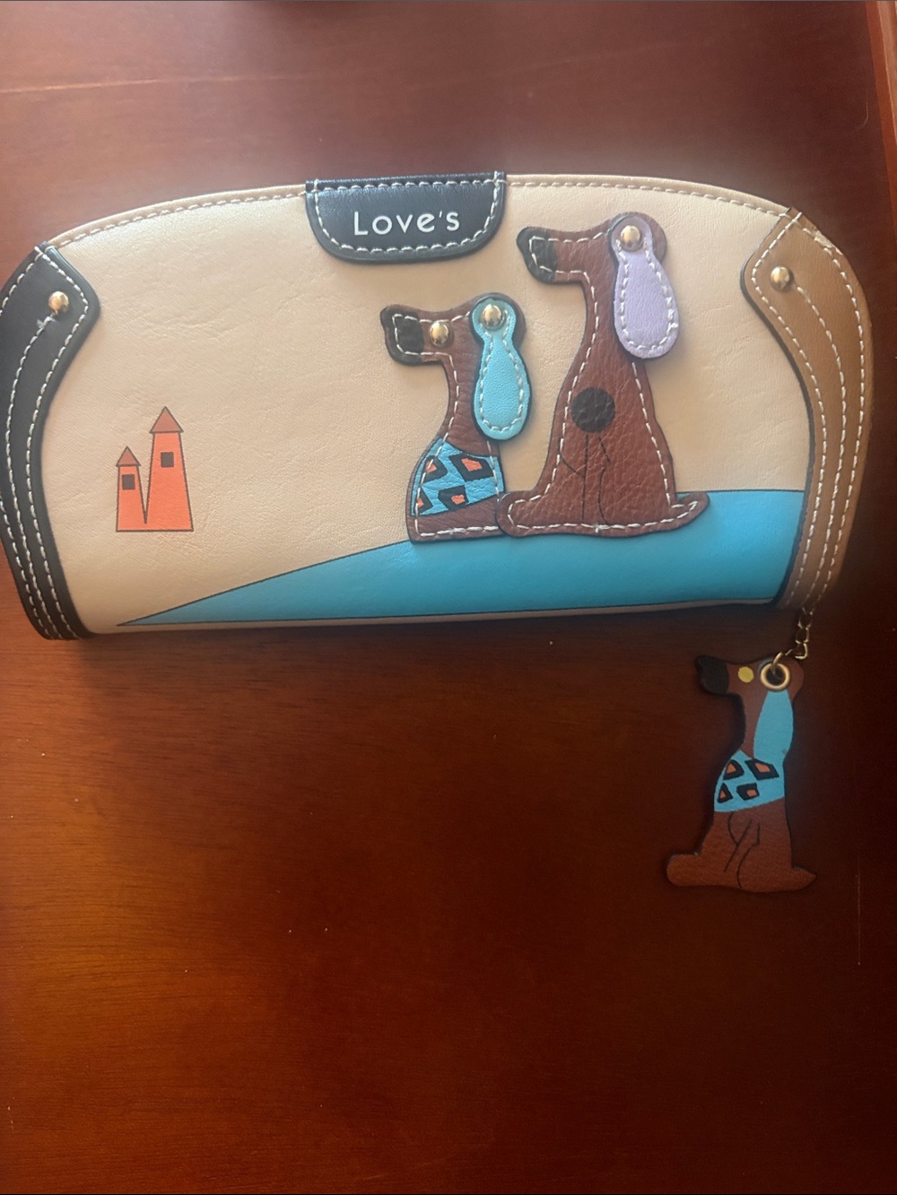 Love Beige and Turquoise Dog Appliqué Wallet
